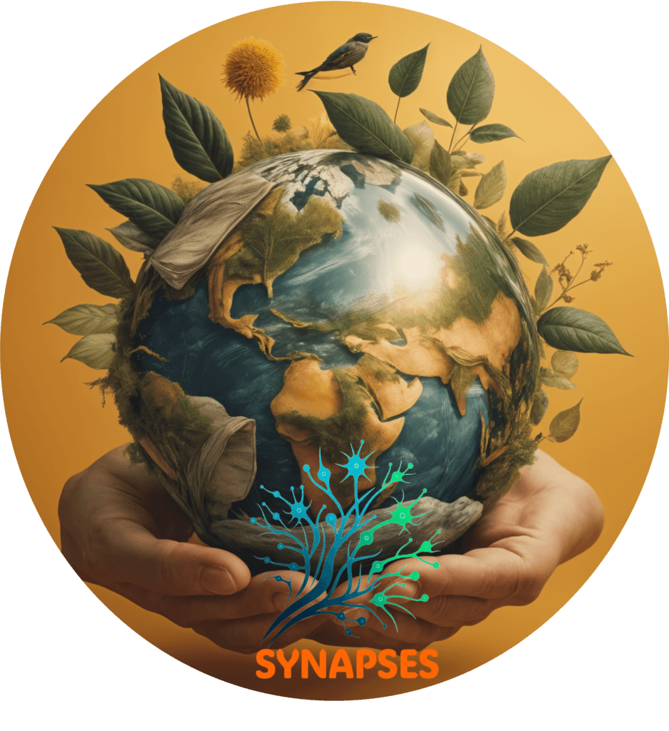 Hands holding planet Earth and the Synapses logo on top